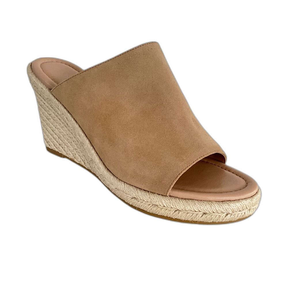 New Stuart Weitzman Mules 8.5 Nude Suede Open-toe Wedge Espadrille Sandals